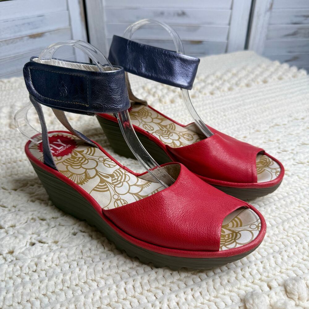 FLY LONDON Women's 40 US 9 YULA Leather Wedge Sandal Red Pewter Ankle Strap - Picture 3 of 16